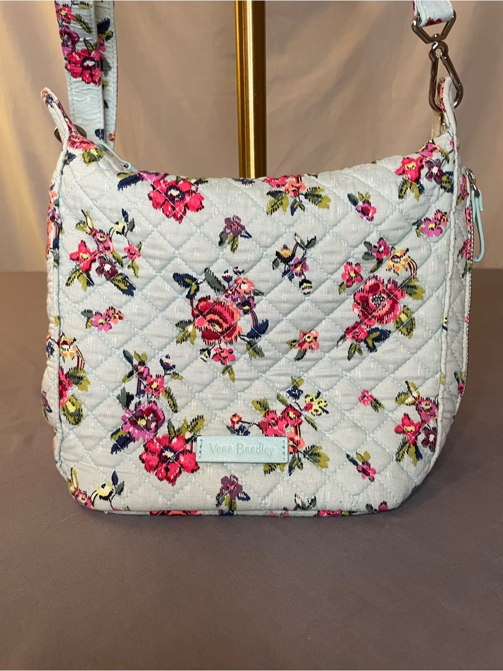 Vera Bradley White Quilted Crossbody with Pink Floral Print